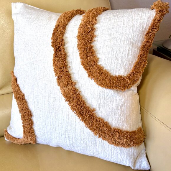 Contemporary Boho Modern Beige Orange Tan Tufted Loop 18" Throw Pillow Cover New - Picture 4 of 5